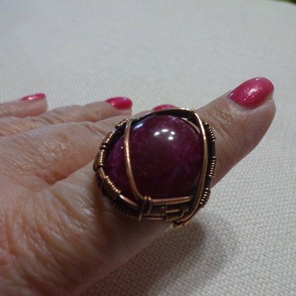 Rustic RUBY QUARTZ Handmade COPPER WIRE-WRAPPED Ring Size 9.5 #796B - Picture 1 of 4